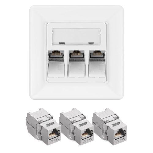 Σετ 1 RJ45 τριπλή πρίζα δικτύου με 3 βύσματα CAT 6A, Kwmobile, White, Metal, 54571.03.01